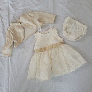 Just One You 3pc Ivory & glitter gold polkadot dress w/ gold cardigan 3m